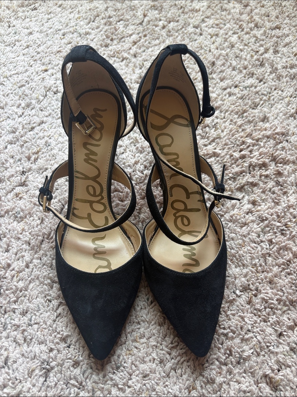 Sam Edelman Black Suede Pointed-Toe Ankle-Strap Heels